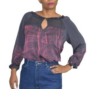 Gypsy 05 Silk Blouse Black Tunic Keyhole Ruffle Collar Top Tie Dye Boho Size XS